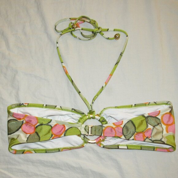 Milly Cabana Green Pink Mod Floral Retro Bandeau Halter Convertible Bikini Top L - Picture 2 of 3